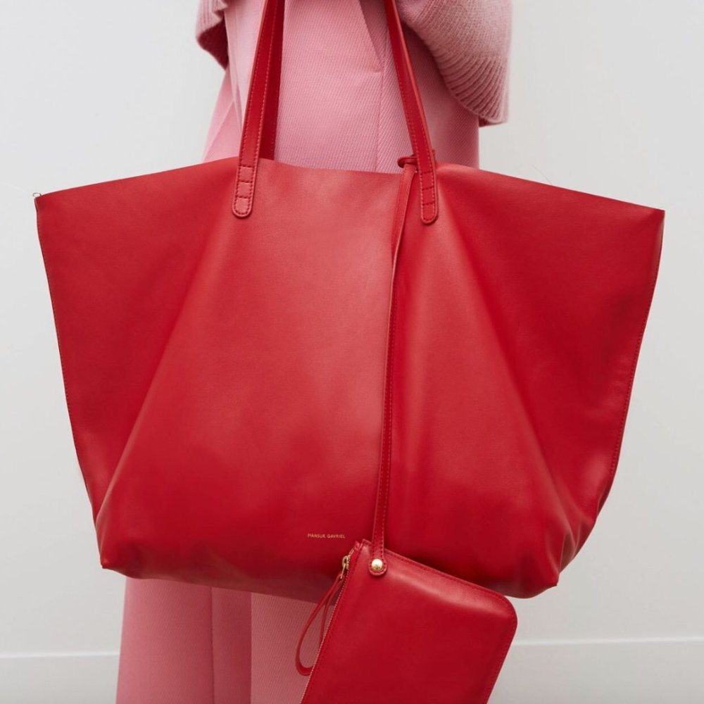 MANSUR GAVRIEL RED 100% LEATHER 2PC OVERSIZED TOTE BAG